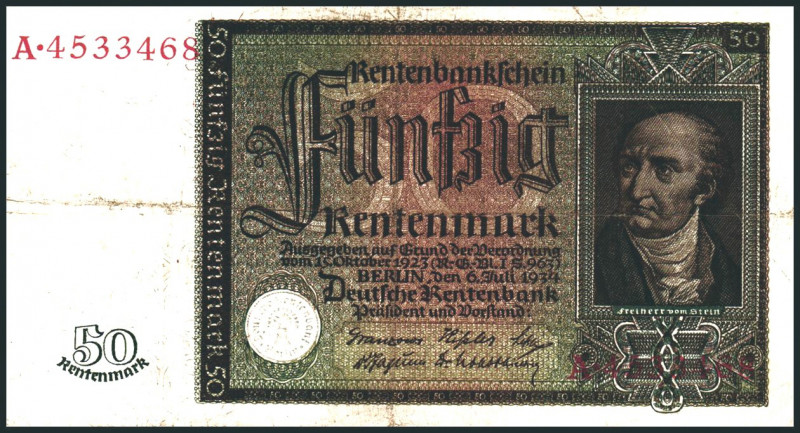 Rentenbank von 1923/1937. 
50 Rentenmark 6.7.1934 Serie A. Ros. 165/DEU 221. . ...