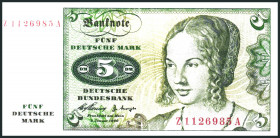 Bundesrepublik. 
Bundesbank. 
5 Deutsche Mark 2.1.1960 Z-A, Ersatznote. Ros. 262d/BRD 6. . 

III
