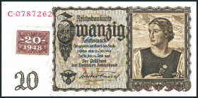 Deutsche Demokratische Republik. 
20 Kuponmark 1948 Klebemarke auf Reichsbanknote Ros.178. Ros. 336/SBZ 5. . 

I