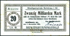 BADEN. 
Schönau i.W., Stadt. 10,20 Mrd. Mark 1.11.1923. Ke. 5017a. (2). 

l.stockig,III
