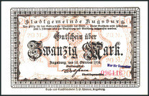 BAYERN. 
Augsburg, Stadt. 5, 10 (2), 20 Mark 15.10.1918- 1.2.1919, rs. Stadtbilder, 10Mk. 1x kopfstehend (4). Geiger 025.01-03a,02c. entwertet. 

I...