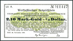 BAYERN. 
Hof, Verband Südd. Textilarbeitgeber Nordbayern. 2.1, 42 Pf., 1.05 (II), 2.10 Mark Gold 26.11.1923. Ke.&nbsp; 234I.II (Ke. 24,-). 4 Stück. ...