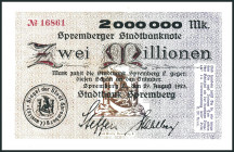 BRANDENBURG /- BERLIN. 
Spremberg, Stadtbank. 1 Mio. M. 16.8.1923 ohne u. mit Stpl. Ke.VI, 4838 l,m. (2). 

II