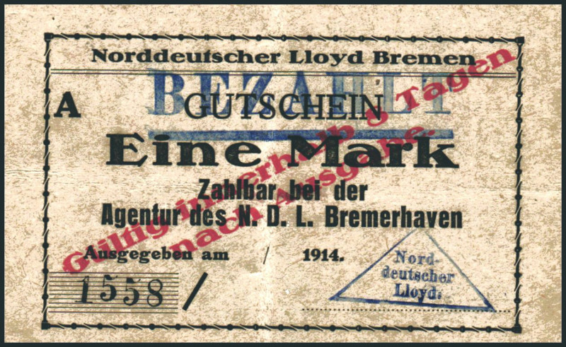 BREMEN. 
Bremerhaven, Norddeutscher Lloyd. 1,3 Mk.(je 2 versch.) 1914 entw. D. ...