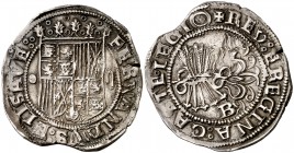 Reyes Católicos. Burgos. 2 reales. (Cal. 230 var). 6,66 g. Cospel algo irregular. Atractiva. Muy rara. MBC+.