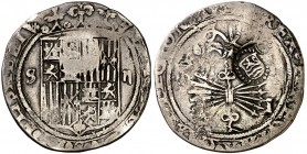 Reyes Católicos. Sevilla. 2 reales. 5,53 g. Resello: león sobre olas en escudo (MBC) (De Mey 947) para circular por Zelanda. Rara. BC+.