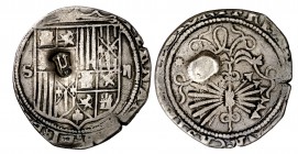 Reyes Católicos. Sevilla. 2 reales. 5,73 g. Resello: Y (MBC+) aplicado en Yprés en 1583 (De Mey 368). Rarísima. BC+.