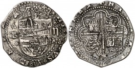 s/d. Felipe II. Burgos. M. 2 reales. (Cal. 455). 6,43 g. Ligera doble acuñación. Muy rara. MBC.