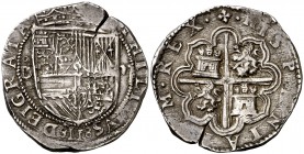 s/d. Felipe II. Coruña. 2 reales. (Cal. 476, mismo ejemplar) (Rodríguez Lorente 114, mismo ejemplar). 6,87 g. Leve grieta. Ejemplar atractivo. Ex Euro...