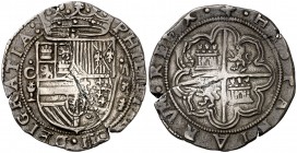 s/d. Felipe II. Cuenca. 2 reales. (Cal. 457). 6,79 g. Ligera doble acuñación. Muy rara. MBC.