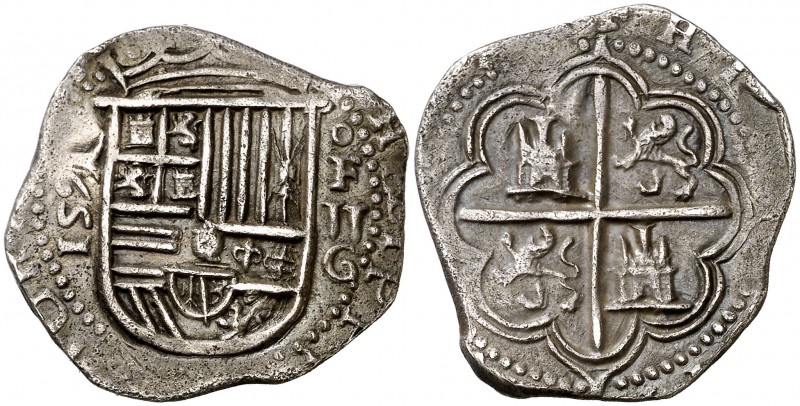 1591. Felipe II. Granada. . 2 reales. (Cal. 464). 6,65 g. Armas de Flandes i Tir...