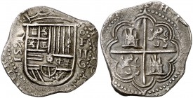 1591. Felipe II. Granada. . 2 reales. (Cal. 464). 6,65 g. Armas de Flandes i Tirol intercambiadas. Buen ejemplar. Muy escasa así. MBC+.