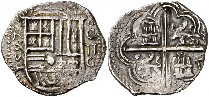 1597. Felipe II. Granada. . 2 reales. (Cal. 470). 6,72 g. Preciosa pátina. Escas...