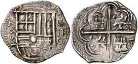 1597. Felipe II. Granada. . 2 reales. (Cal. 470). 6,72 g. Preciosa pátina. Escasa y más así. MBC+.