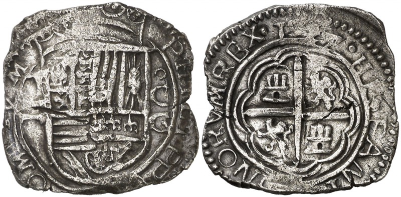 1597. Felipe II. Granada. . 2 reales. (Cal. 471). 6,64 g. Tipo "OMNIVM". Orla in...