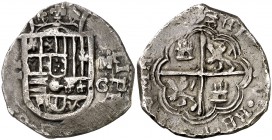 (15)98/7. Felipe II. Granada. M. 2 reales. (Cal. 475 var). 6,68 g. Tipo "OMNIVM". Sin gráfila interior en anverso y reverso. Rara. MBC.