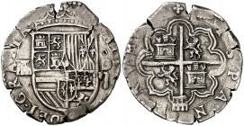 s/d. Felipe II. Segovia. . 2 reales. (Cal. 514). 6,64 g. Dos grietas. Ex Áureo 20/10/1999, nº 1608. Muy rara. MBC.