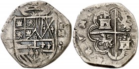 s/d. Felipe II. Segovia. IM. 2 reales. (Cal. 515). 5,81 g. Sin acueducto en reverso. Ex Áureo 16/04/1996, nº 312. Rara. MBC.