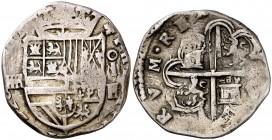 s/d. Felipe II. Segovia. /M. 2 reales. (Cal. falta). 6,52 g. La (Juan de Ortega) rectificada sobre M (Juan de Morales). Rara. MBC-.