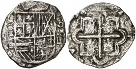 1592. Felipe II. Segovia. . 2 reales. (Cal. 520). 5,04 g. Oxidaciones limpiadas. Rara. BC+.