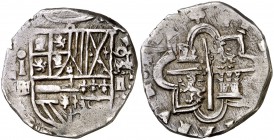1593/2. Felipe II. Segovia. . 2 reales. (Cal. tipo 344, no indica la sobrefecha). 6,75 g. Bonita pátina. Muy rara. MBC.