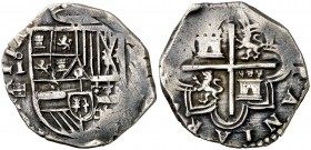 1593. Felipe II. Segovia. . 2 reales. (Cal. falta). 6,59 g. Fecha poco visible. Rayitas. Rara. MBC.