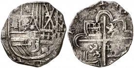 1595. Felipe II. Segovia. (). 2 reales. (Cal. 522 var). 5,63 g. Castillos y leones distintos. Rara. MBC-.