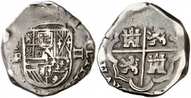 (1597). Felipe II. Segovia. Árbol (Lesmes Fernández del Moral). 2 reales. (Cal. 530). 6,77 g. Tipo "OMNIVM". Muy rara. MBC-.