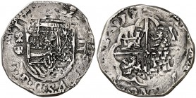 159(7). Felipe II. Segovia. Árbol (Lesmes Fernández del Moral). 2 reales. (Cal. 530). 6,26 g. Tipo "OMNIVM". Doble acuñación. Muy rara. MBC-.