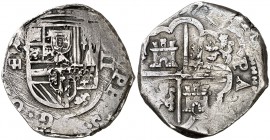 (15)97. Felipe II. Segovia. Árbol (Lesmes Fernández del Moral). 2 reales. (Cal. 530). 6,91 g. Tipo "OMNIVM". Bonita pátina. Muy rara. MBC.