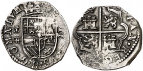 (1597). Felipe II. Segovia. Árbol (Lesmes Fernández del Moral). 2 reales. (Cal. 530). 6,73 g. Tipo "OMNIVM". Fecha fuera de cospel. Preciosa pátina. M...