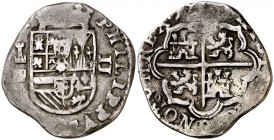 1597. Felipe II. Segovia. Castillejo (Melchor Rodríguez del Castillo). 2 reales. (Cal. 531). 6,36 g. Tipo "OMNIVM". Fecha parcialmente visible. Sin or...