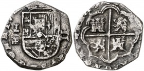 1599. Felipe II. Segovia. Castillejo (Melchor Rodríguez del Castillo). 2 reales. (Cal. falta). 6,65 g. Tipo "OMNIVM". Rara. MBC.