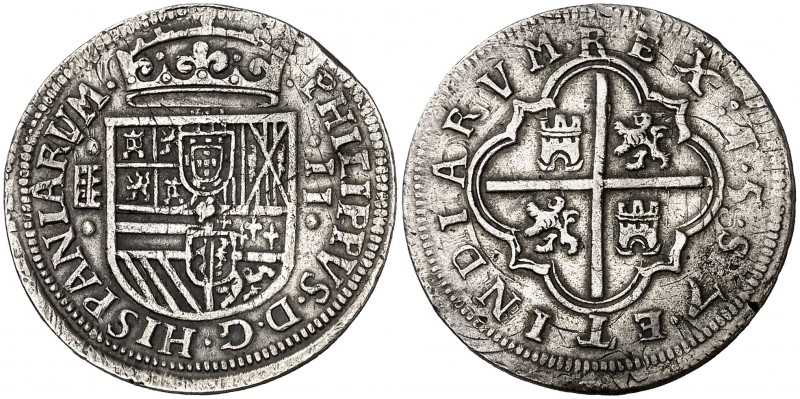 1597. Felipe II. Segovia. 2 reales. (Cal. 533, mismo ejemplar). 6,92 g. La leyen...