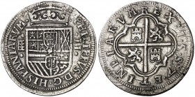 1597. Felipe II. Segovia. 2 reales. (Cal. 533, mismo ejemplar). 6,92 g. La leyenda del reverso comienza a las 5h del reloj. El 9 de la fecha en forma ...