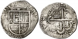 s/d. Felipe II. Sevilla. C (Melchor Rodríguez del Castillo). 2 reales. (Cal. falta). 6,74 g. Muy rara. BC+/MBC-.