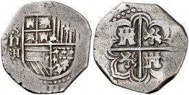 (¿1590-1591?). Felipe II. Sevilla. H/. 2 reales. (Cal. tipo 355). 6,70 g. La H rectificada sobre . Fecha no visible. MBC-.