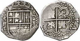 1591. Felipe II. Sevilla. C. 2 reales. (Cal. 544, mismo ejemplar). 6,85 g. Bonita pátina. Ex Colección de 2 reales y 2 escudos, Áureo 09/04/2003, nº 3...