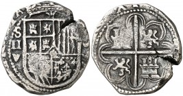 1593. Felipe II. Sevilla. V. 2 reales. (Cal. falta). 6,59 g. Muy rara. BC+.