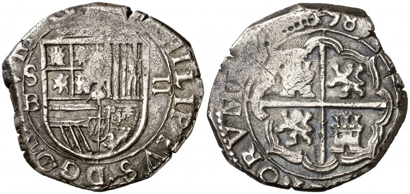 1598. Felipe II. Sevilla. B. 2 reales. (Cal. 553). 6,54 g. Tipo "OMNIVM". Bonita...