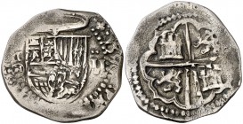 1590. Felipe II. Toledo. . 2 reales. (Cal. 565). 6,35 g. Fecha al inicio de la leyenda del anverso. Ex Euro Shekel 21/12/1987, nº 407. Muy rara. Sólo ...