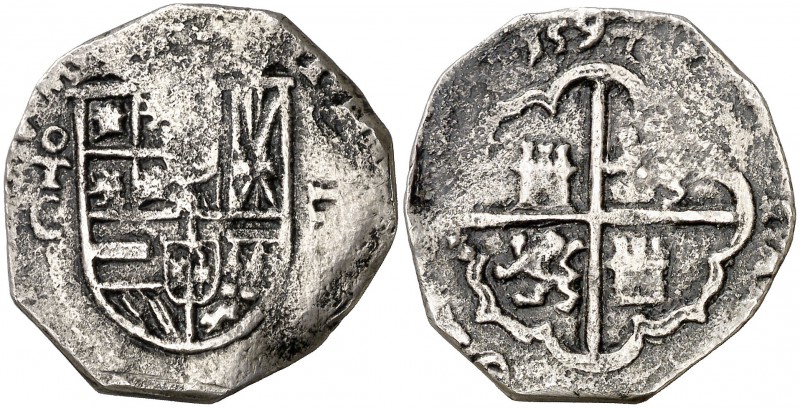 1597. Felipe II. Toledo. C. 2 reales. (Cal. 580). 5,84 g. Tipo "OMNIVM". Sin grá...