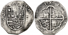 1597. Felipe II. Toledo. C. 2 reales. (Cal. 580). 5,84 g. Tipo "OMNIVM". Sin gráfila circular. Rara. BC+.