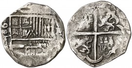 1593/2. Felipe II. Valladolid. /A. 2 reales. (Cal. 595 var). 6,75 g. La rectificada sobre A. Rara. MBC-.