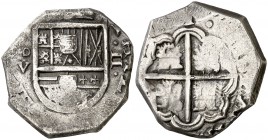 (162)1. Felipe III. (Madrid). V. 2 reales. (Cal. 332). 7,11 g. Muy rara. MBC-.