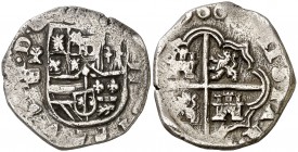 160(8). Felipe III. Segovia. Árbol (Lesmes Fernández del Moral). 2 reales. (Cal. falta). 6,76 g. Ex Áureo 28/10/1993, nº 238. Muy rara. (MBC).