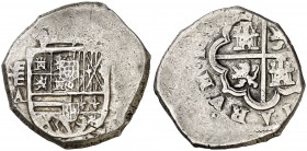(1611). Felipe III. Segovia. A. 2 reales. (Cal. 362). 6,90 g. Granada bajo el escudo de Portugal. Muy rara. BC+.