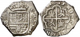 1613. Felipe III. Segovia. B. 2 reales. (Cal. 363). 6,87 g. Sin orla interior en anverso. Atractiva. Muy rara y más así. EBC-.