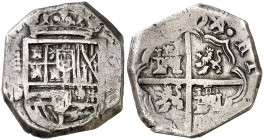 (16)14/0. Felipe III. Segovia. D/B/¿?. 2 reales. (Cal. falta). 6,32 g. Muy rara. MBC-.