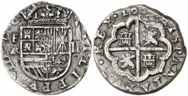 1614. Felipe III. Segovia. . 2 reales. (Cal. 364, mismo ejemplar). 6,74 g. Acuñada sobre una pieza del Imperio Español. Ex Euro Shekel 21/12/1987, nº ...